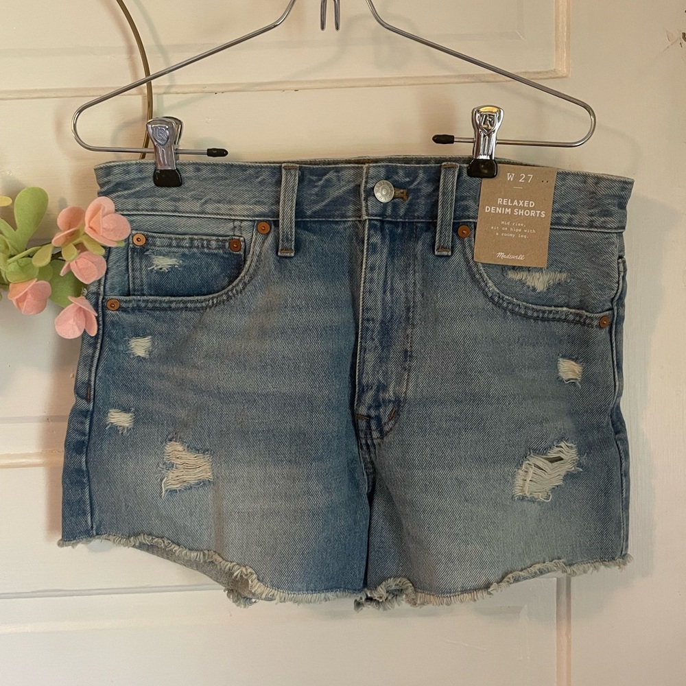 Madewell Blue Jean Shorts with Frayed Hem and Distressed Look